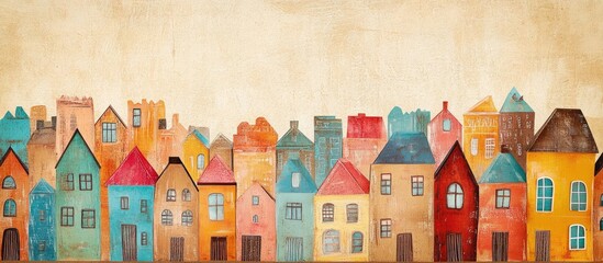 Naklejka premium Artwork depicting colorful houses on aged brown paper featuring a light brown city backdrop Ideal for wall murals cards postcards wallpaper and photo wallpaper