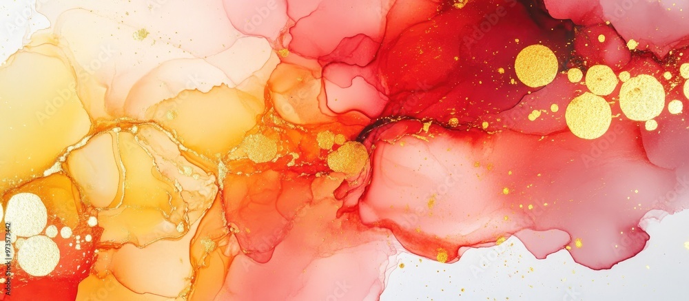 Poster luxury abstract fluid art piece created using alcohol ink technique featuring a blend of red yellow 