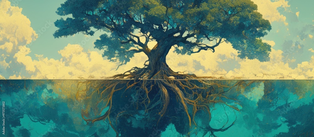 Poster artwork depicting a tree with exposed roots