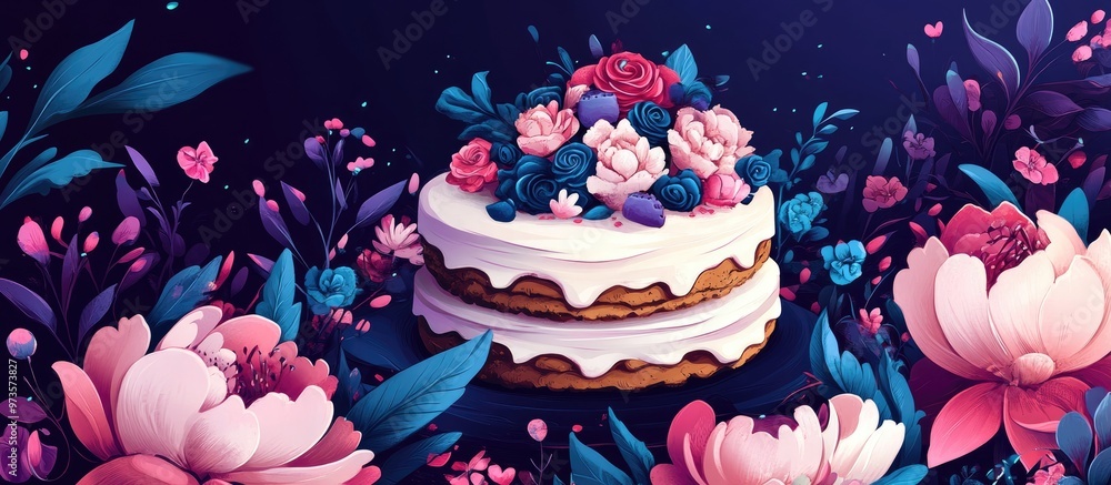 Poster artistic representation of a cookie and cake adorned with floral elements