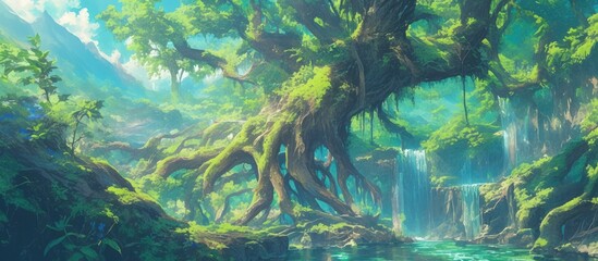 Artwork depicting a picturesque scene of aged tree roots enveloped in moss within a vibrant green forest under bright sunlight