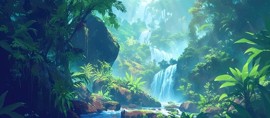 Painting of a majestic waterfall in a lush rainforest jungle Tropical hiking scene