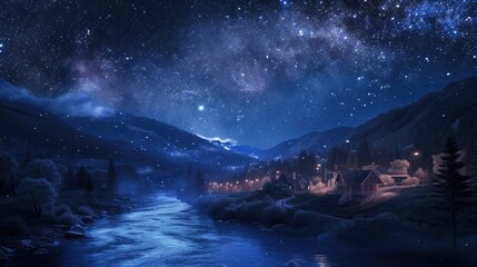 Fototapeta premium Night sky filled with stars over a quiet village by the river.