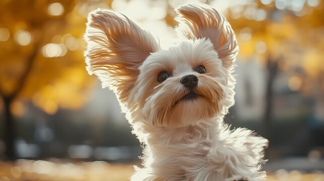 A playful small dog with flappy ears poses in a vibrant autumn setting, surrounded by golden leaves and soft sunlight.