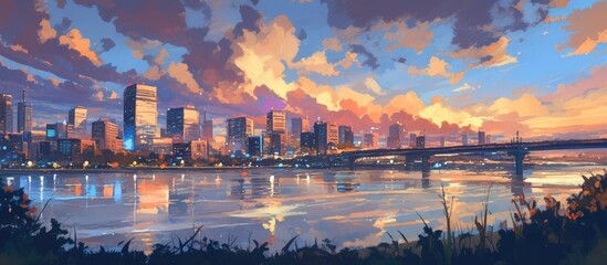Naklejka premium Painting of a downtown city skyline viewed from across a river at dusk