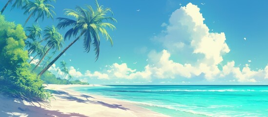 Painting of lush green palm trees on a serene beach setting