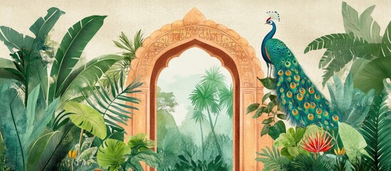 Naklejka premium Illustration of a Mughal garden arch featuring plants and peacock designs ideal for tropical jungle wallpaper and leaf patterns complemented by crowned crane imagery
