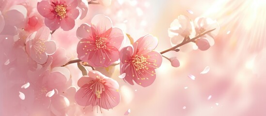 Fototapeta premium Close up macro view of a fully bloomed pink ume prunus flower during spring