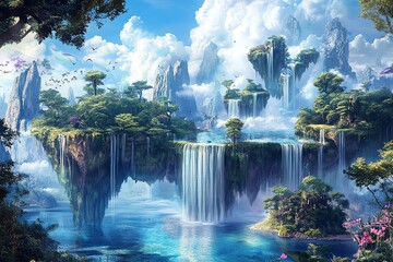 A breathtaking panoramic view of a vibrant fantasy world