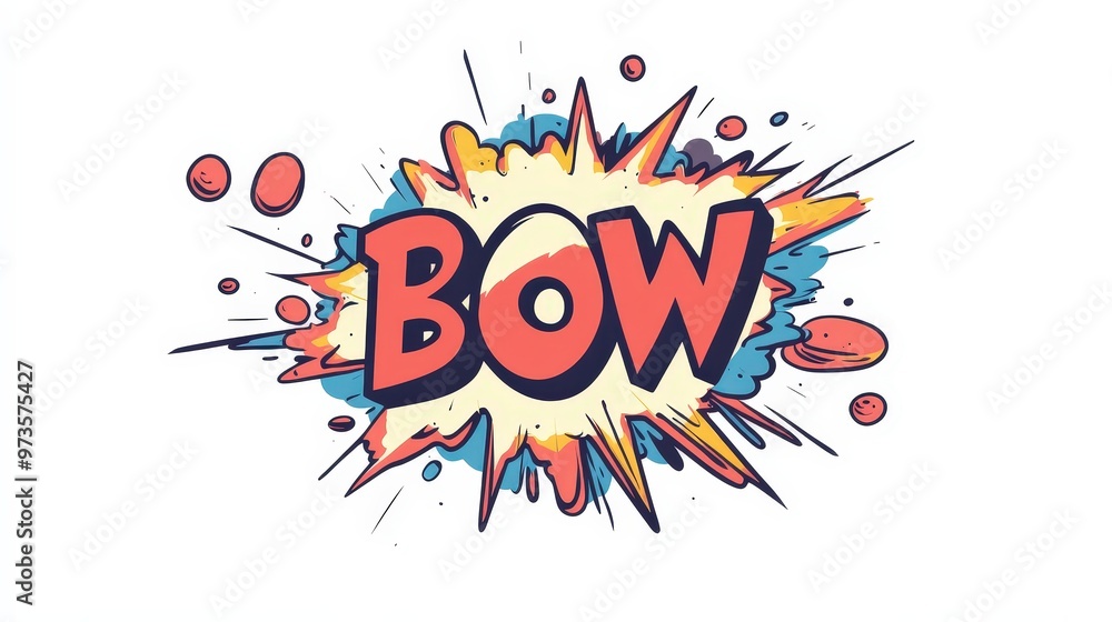 Poster explosive comic bubble with bow text in minimalist flat design on white background