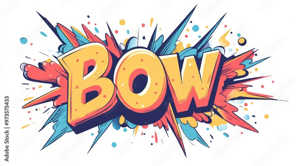Poster explosive comic bubble with bow text in simple flat design on white background for striking effect