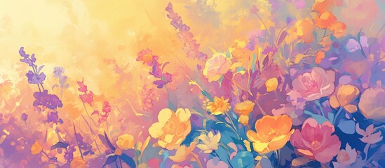 Colorful summer floral painting featuring a variety of blossoms