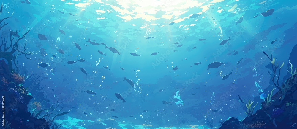 Poster horizontal underwater painting featuring an empty background for design use