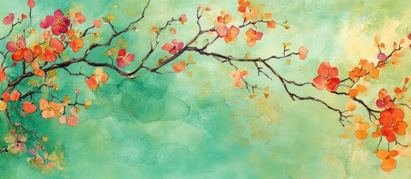 Curly branches with vibrant blooms are artistically portrayed against an abstract green watercolor backdrop creating a floral aesthetic suitable for wall murals cards or wallpaper