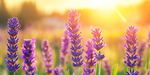 Obraz premium Close up of lavender flowers, sunlight from behind