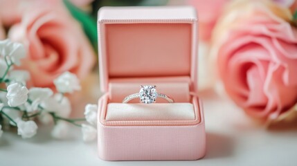 Close-up of a diamond engagement ring in a pink velvet box with white flowers in the background.