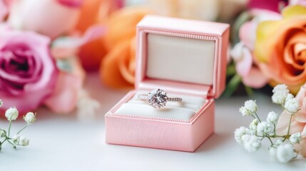 Diamond engagement ring in pink box with flowers.