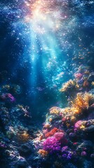 A mesmerizing underwater scene showcasing vibrant coral reefs illuminated by ethereal starlight