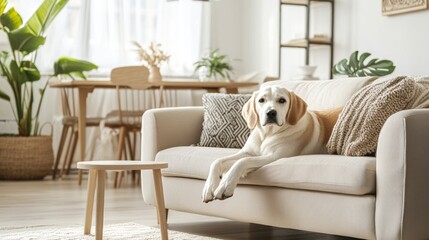 A white dog is relaxing on a beige sofa in a modern living room.