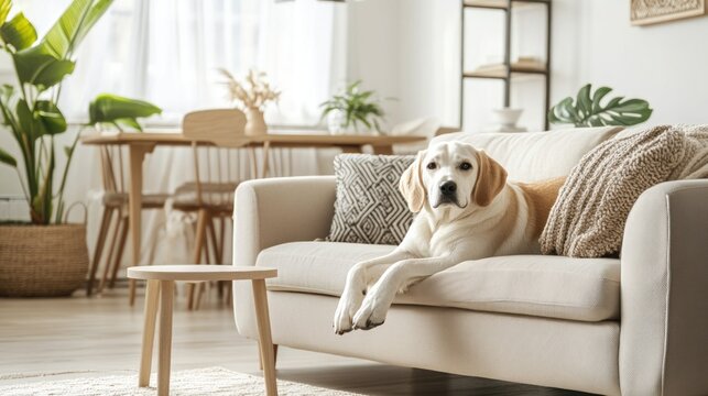 A white dog is relaxing on a beige sofa in a modern living room.