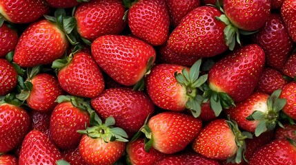 A vibrant display of fresh strawberries, showcasing their bright red color and green leaves, perfect for culinary and health themes.