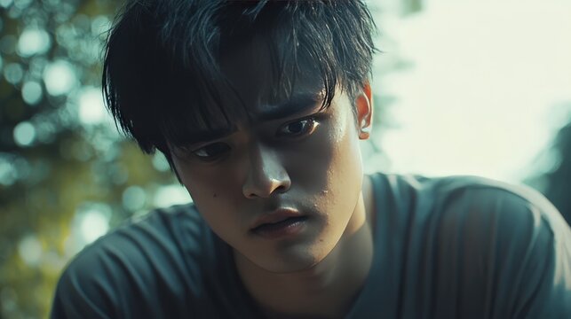 insect bite, a young Asian man feels an intense itch, leading him to scratch the affected area.