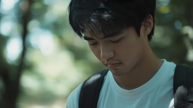 insect bite, a young Asian man feels an intense itch, leading him to scratch the affected area.