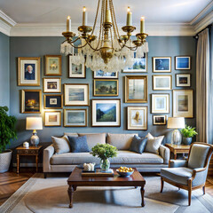 A living room with a gallery wall and a statement