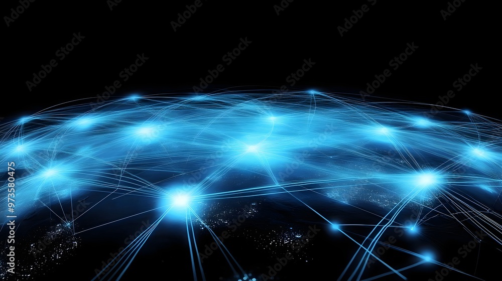 Poster abstract digital network illustration showcasing glowing nodes and connecting lines across a dark ba
