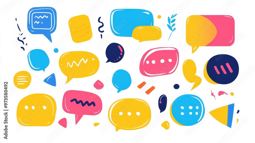 Poster playful collection of colorful speech bubbles in minimalist 2d vector illustration on white backgrou