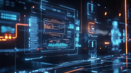 Obraz premium An advanced technology setup features a holographic interface with neon outlines, projecting dynamic information and controls into a futuristic environment.