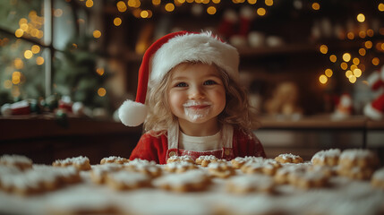 mischievous girl wearing a christmas hat with a dirty face from eating cookies for christmas eve celebration