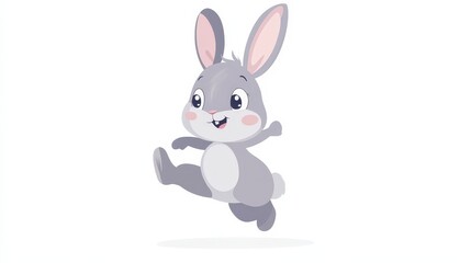 Obraz premium Playful Rabbit: Minimalist Vector Illustration of Cute Gray Bunny Hopping with Joy in Cartoon Style for Children's Themes and Easter Designs