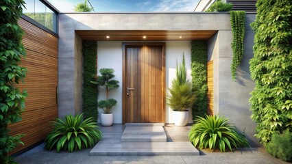 Entrance to modern house with wooden door and plants , entrance, house, home, modern, wooden, door, plants, exterior
