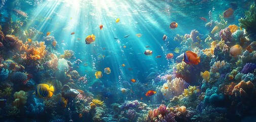 A vibrant underwater scene showcasing a school of colorful fish gracefully dancing amidst coral reefs