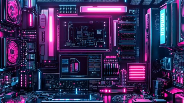 An arrangement of computer hardware parts, such as circuit boards, power supplies, and expansion cards, presented against an abstract, futuristic technology background featuring digital grids 