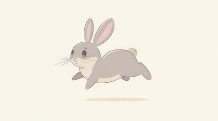 Fototapeta premium Playful Gray Rabbit in Mid-Hop - Minimalist Flat Design Illustration on White Background Conveying Fun and Cheerful Vibe