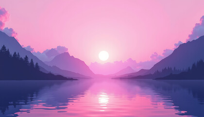 Pink and Purple Mountain Landscape with Clouds, Water, and Reflection Serene Nature Travel Scene in Sunset Light.
