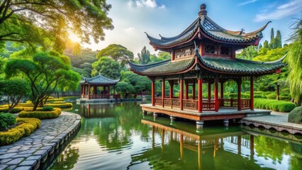 Chinese temple with traditional architecture nestled in a serene park setting, chinese, temple, traditional, architecture