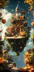Fototapeta premium A whimsical fusion of fantasy worlds and culinary arts, featuring a floating kitchen surrounded by enchanted landscapes, rich colors, and surreal food elements, digital art styling