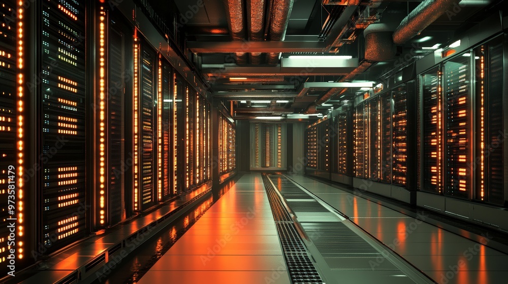 Poster an image of a cutting-edge data center with rows of servers and cooling systems.