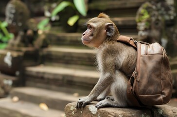 Monkey wearing tourist backpack sitting on ancient ruins