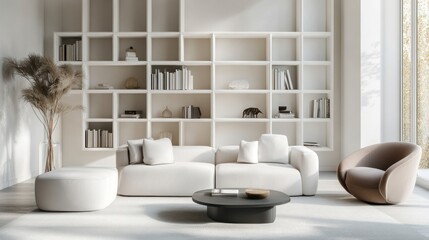 Modern living room with white sofa and bookshelf, rug, and armchair near window.
