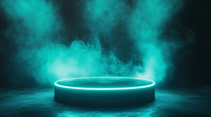 Empty neon platform surrounded by dark teal smoke with a glowing outline, ready for product display on a dramatic dark background.