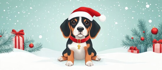 Adorable dark tri colored Beagle sitting in front view with a festive Christmas theme