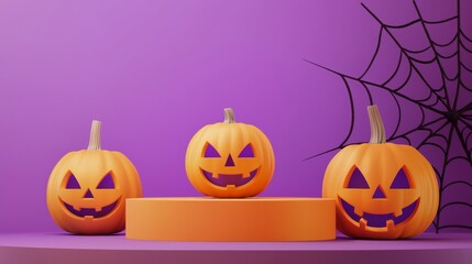 large pumpkins next to an empty orange platform against a smooth purple background, perfect for fall-themed displays.