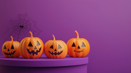large pumpkins next to an empty orange platform against a smooth purple background, perfect for fall-themed displays.
