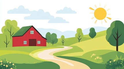 Fototapeta premium Minimalist Farm Landscape: Red Barn, Green Trees, Curving Path, and Sunny Sky in Simple Flat Design