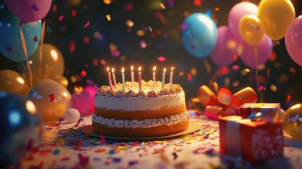 Birthday cake with candles, surrounded by confetti and balloons, with gifts on the table.