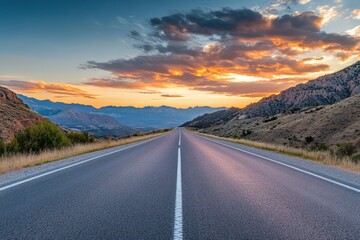 Asphalt highway road and mountain with sky clouds at sunset, ai
